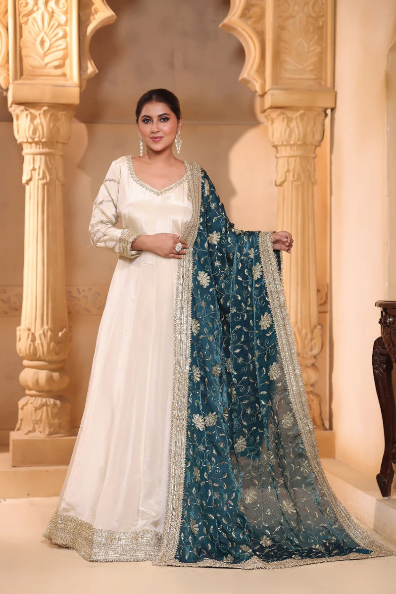Royal Purple & Gold Brocade Anarkali Suit Set with Organza Dupatta